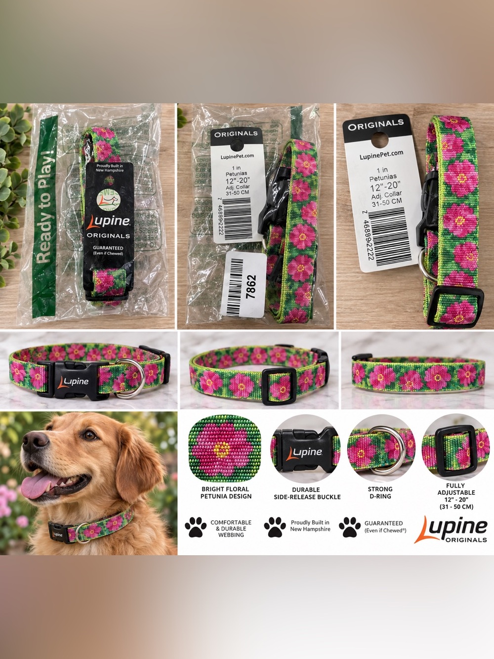 Lupine Originals Petunias Dog Collar 1” Adjustable 12-20” Floral NEW